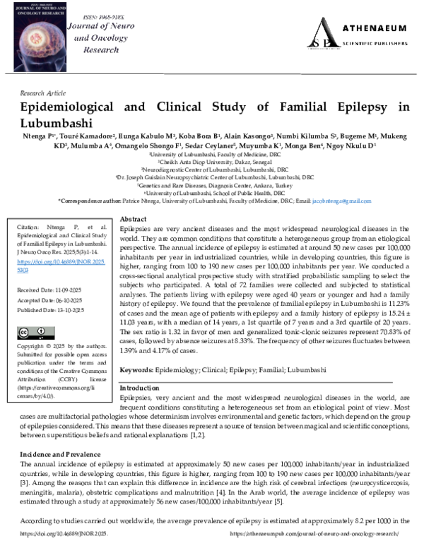 (PDF) Epidemiological and Clinical Study of Familial Epilepsy in Lubumbashi