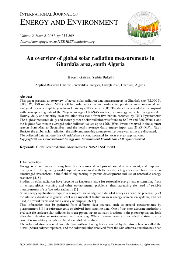 (PDF) An overview of global solar radiation measurements in
