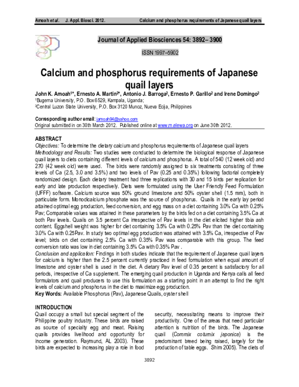 Frozen Thawed Quail Mineral Requirements For Layers Reference: Pdf Calcium And Phosphorus Requirements Of Japanese Quail Layers