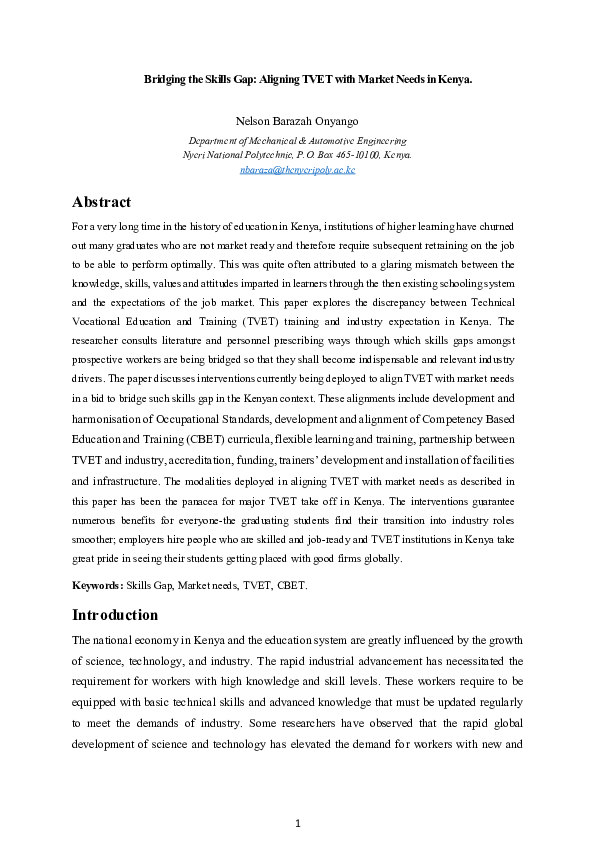 (PDF) Bridging the Skills Gap: Aligning TVET with Market Needs in Kenya