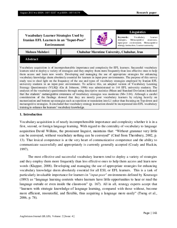 (PDF) Vocabulary Learner Strategies Used by Iranian EFL Learners in an ...