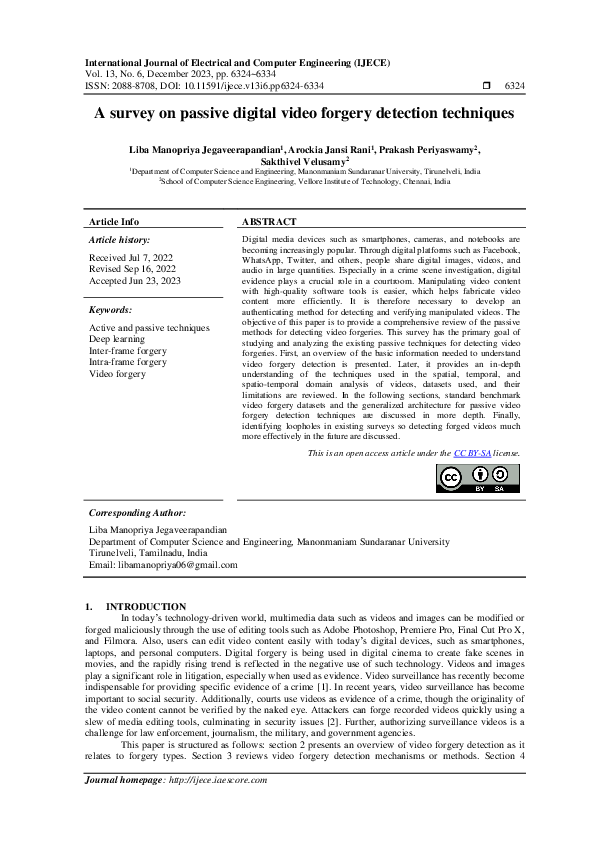(PDF) A survey on passive digital video forgery detection techniques