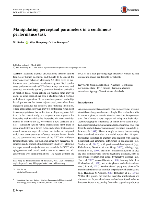 (PDF) Manipulating perceptual parameters in a continuous performance task