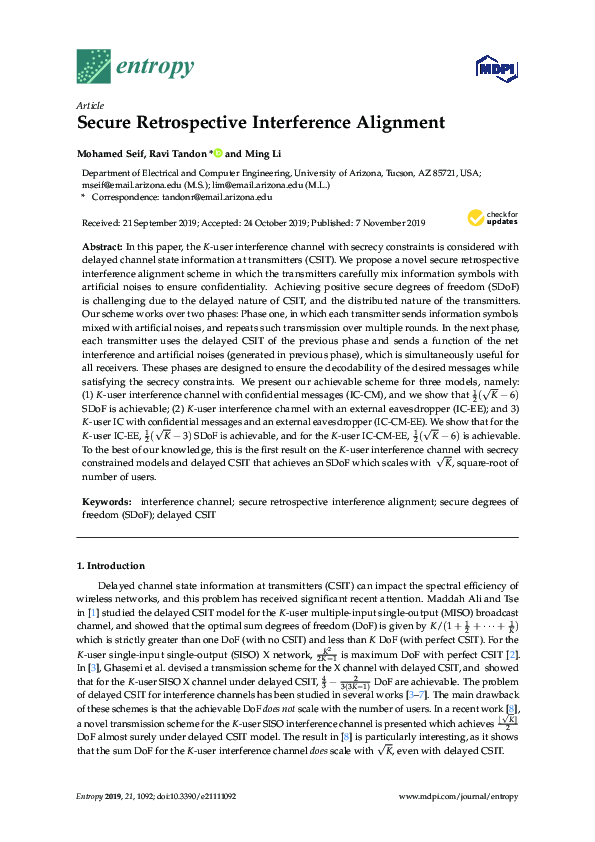 (PDF) Secure Retrospective Interference Alignment