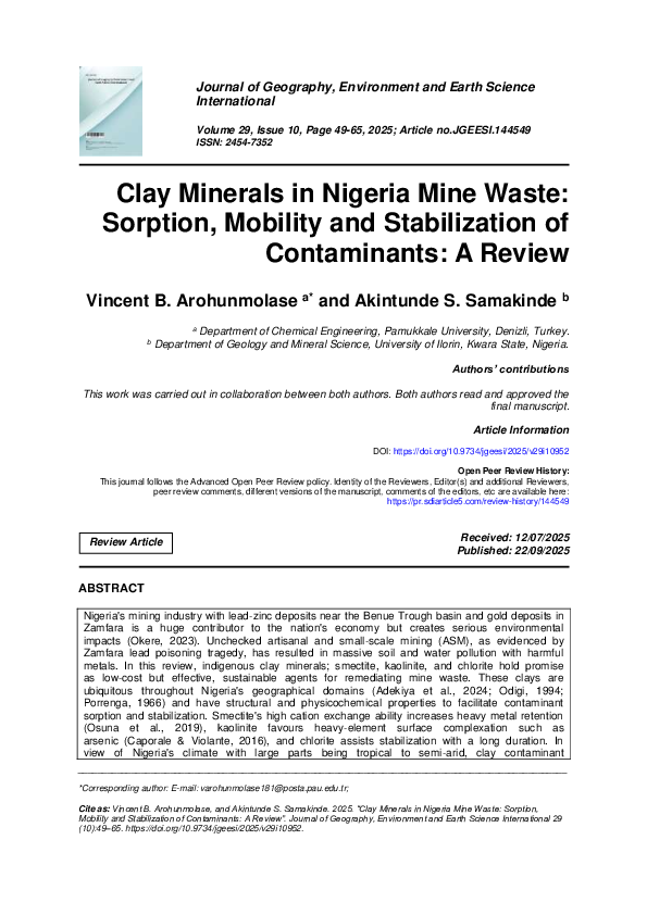 (PDF) Clay Minerals in Nigeria Mine Waste: Sorption, Mobility and ...