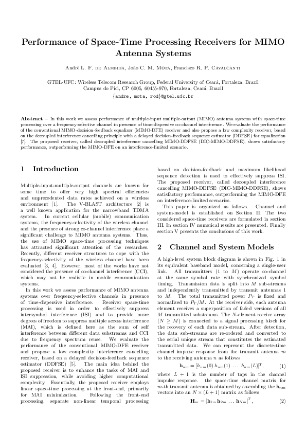 (PDF) Performance of space-time processing receivers for MIMO antenna ...