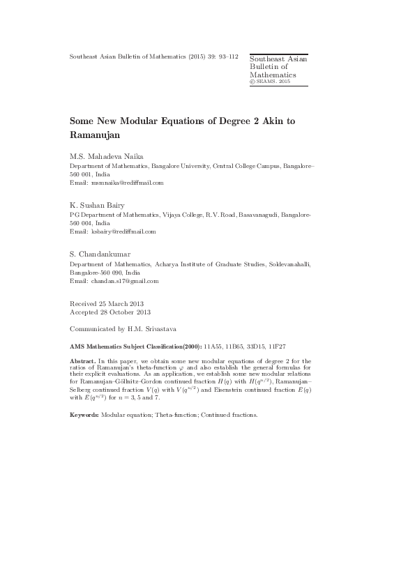 (PDF) Some New Modular Equations of Degree 2 Akin to Ramanujan