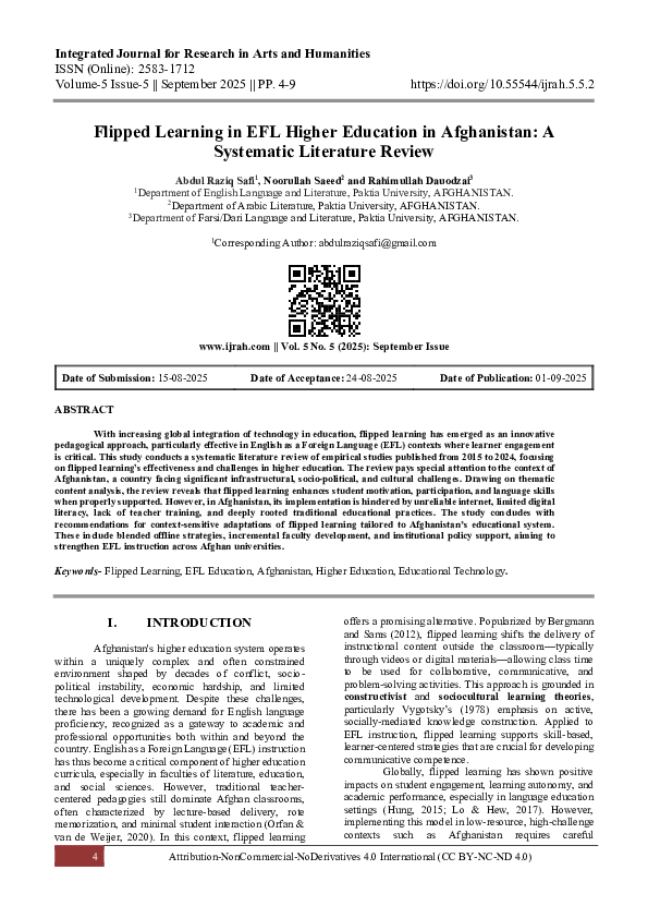(PDF) Flipped Learning in EFL Higher Education in Afghanistan: A ...