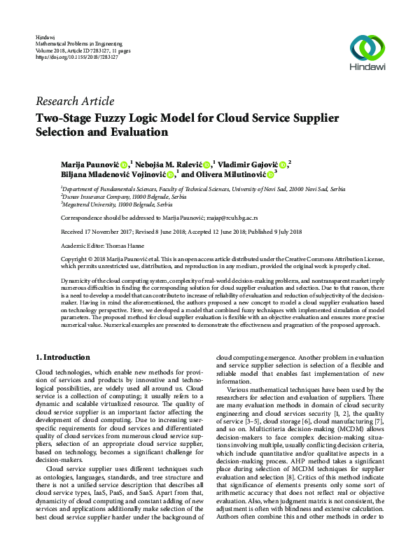 (PDF) Two-Stage Fuzzy Logic Model for Cloud Service Supplier Selection ...