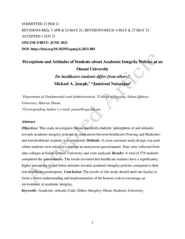 (PDF) Student Perceptions of and Attitudes towards Academic Integrity ...