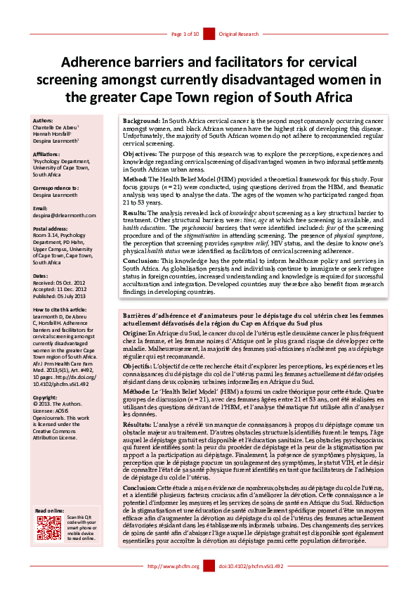 (PDF) Adherence barriers and facilitators for cervical screening ...