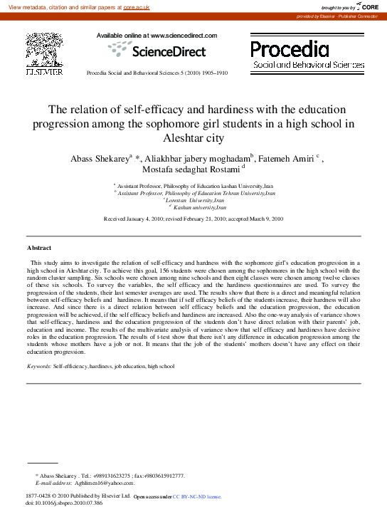 (PDF) The relation of self-efficacy and hardiness with the education ...
