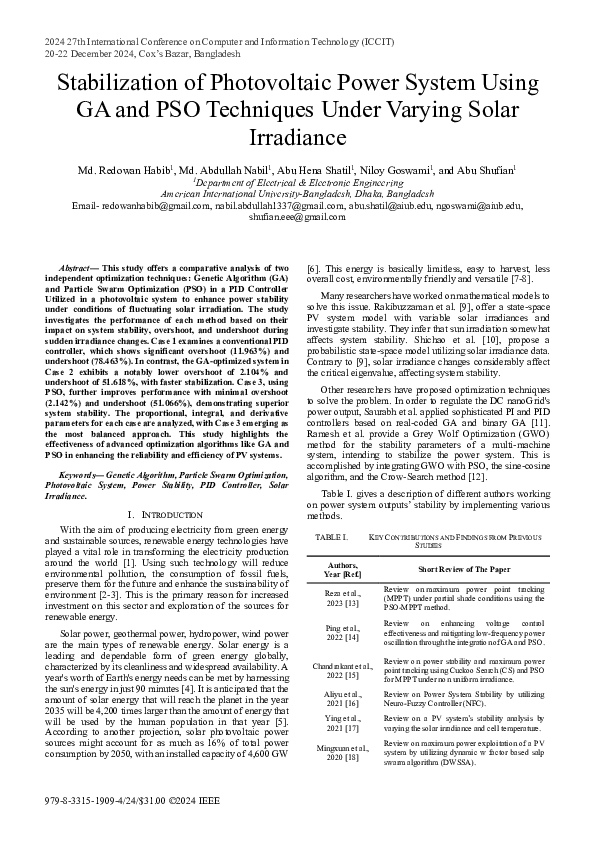 (PDF) Stabilization of Photovoltaic Power System Using GA and PSO ...