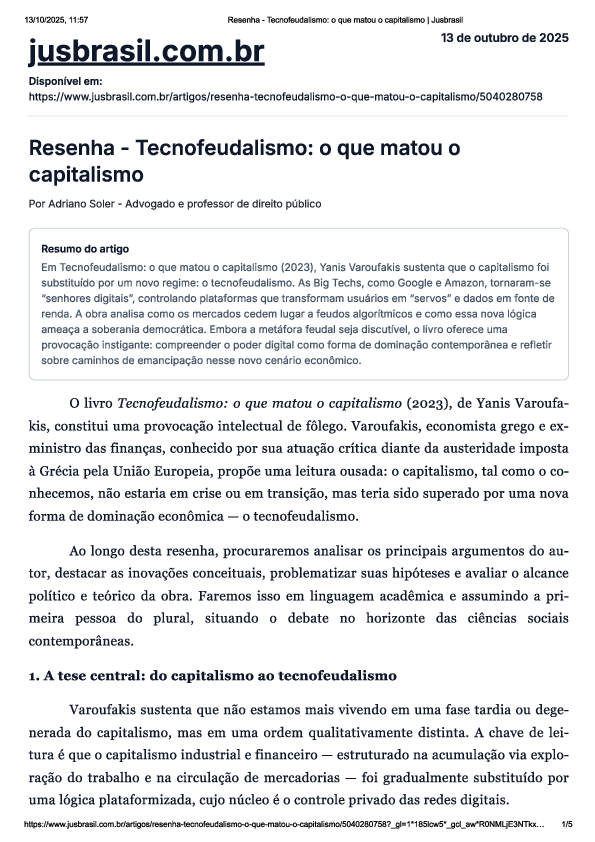 (PDF) Resenha - Tecnofeudalismo, o que matou o capitalismo