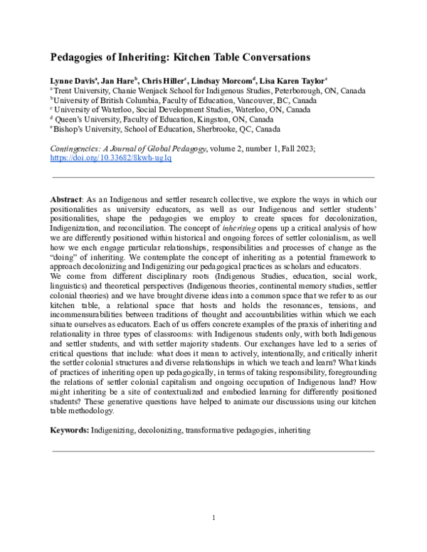 (PDF) Pedagogies of Inheriting: Kitchen Table Conversations