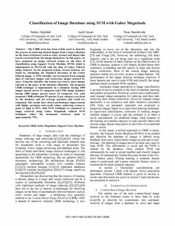 (PDF) Classification of image database using SVM with Gabor Magnitude