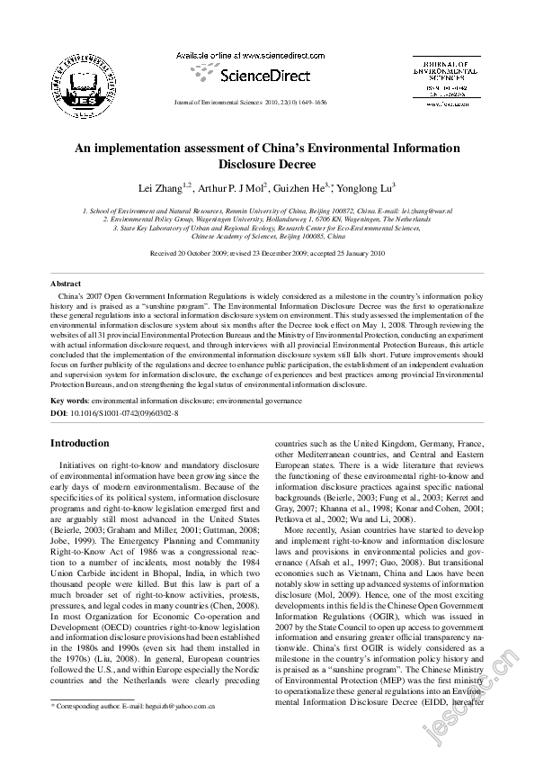 (PDF) An implementation assessment of China's Environmental Information ...