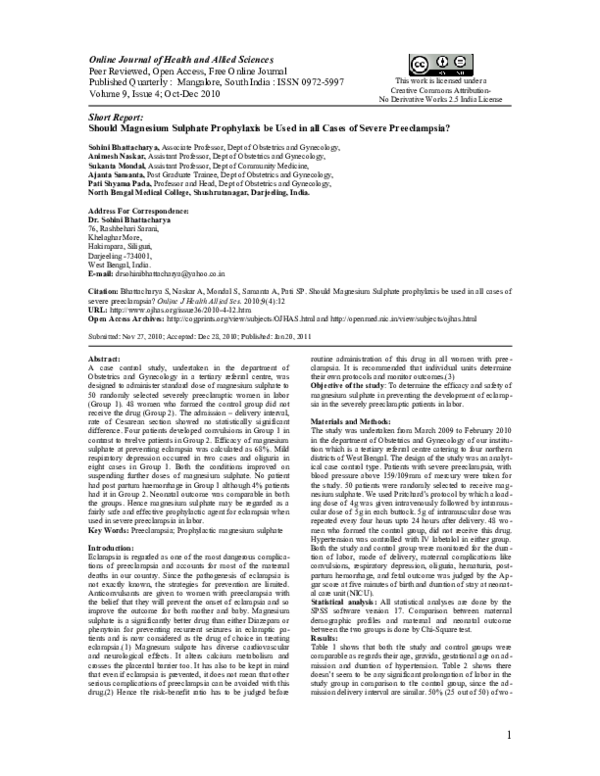 (PDF) Should Magnesium Sulphate Prophylaxis Be Used In All Cases of ...