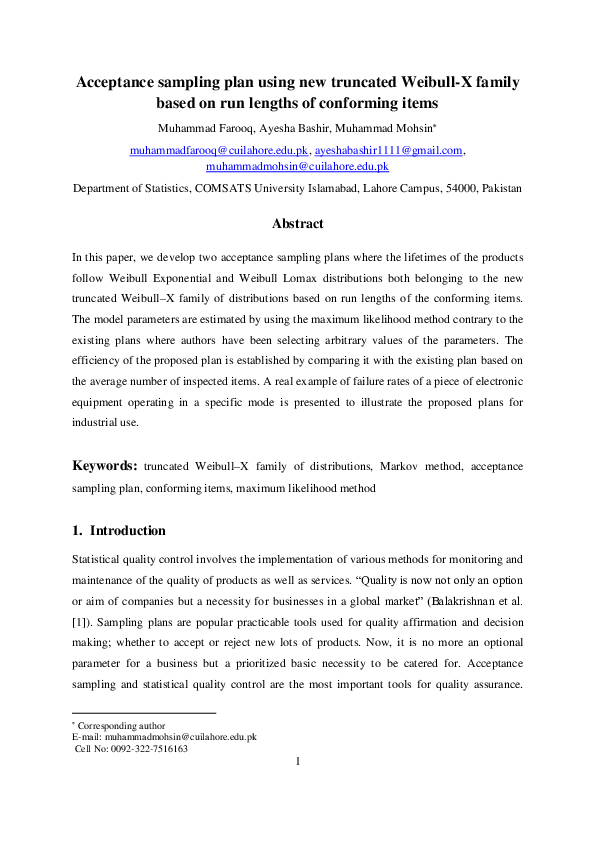 (PDF) Acceptance sampling plan using new truncated Weibull-X family ...