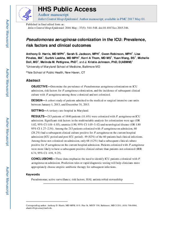 (PDF) Pseudomonas aeruginosa Colonization in the Intensive Care Unit ...