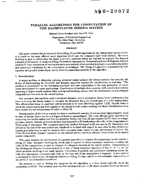 (PDF) Parallel Algorithms for Computation of the Manipulator Inertia Matrix