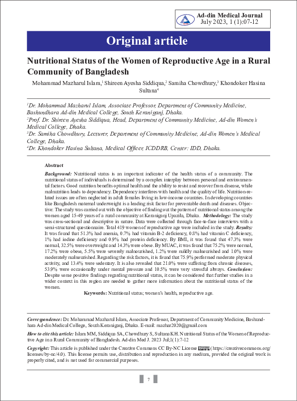 (PDF) Nutritional Status of the Women of Reproductive Age in a Rural ...
