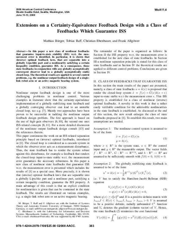 (PDF) Extensions on a certainty-equivalence feedback design with a ...