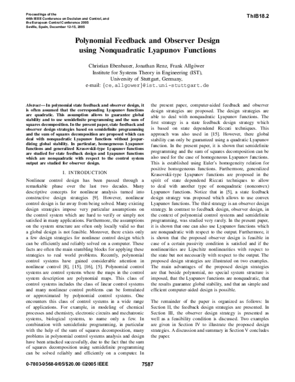 (PDF) Polynomial Feedback and Observer Design using Nonquadratic ...