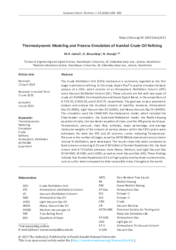 (PDF) Thermodynamic Modeling and Process Simulation of Kumkol Crude Oil ...