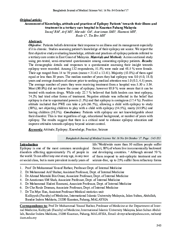 (PDF) Assessment of Knowledge, attitude and practices of Epilepsy ...