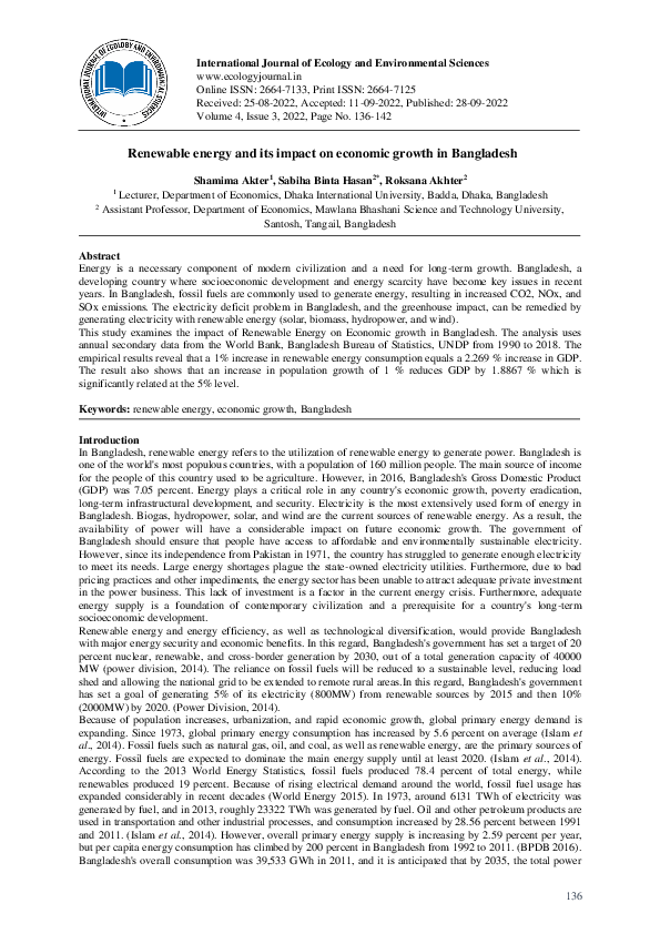(PDF) Renewable energy and its impact on economic growth in Bangladesh