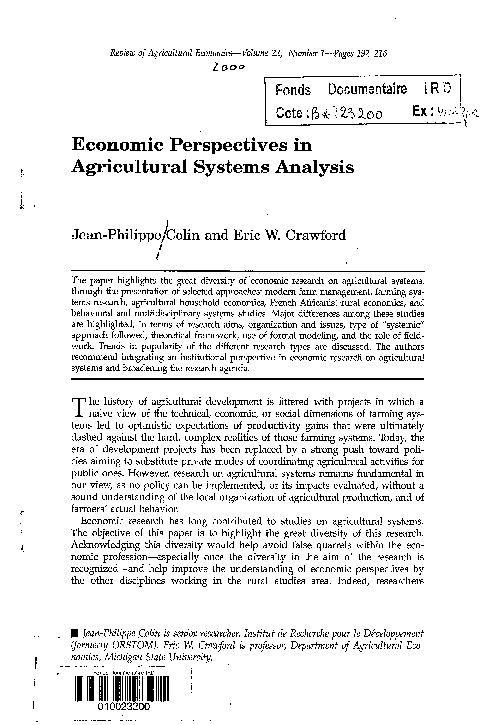 (PDF) Economic Perspectives in Agricultural Systems Analysis
