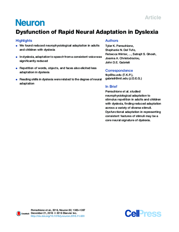 (PDF) Dysfunction of Rapid Neural Adaptation in Dyslexia