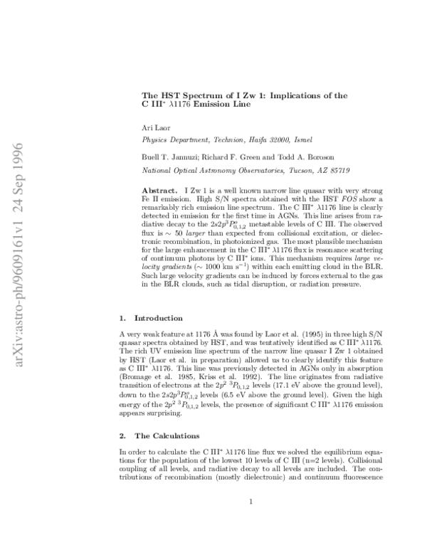 (PDF) The HST Spectrum of I Zw 1: Implications of the C III* λ1176 ...