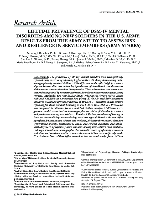 (PDF) Lifetime Prevalence of DSM-IV Mental Disorders Among New Soldiers ...