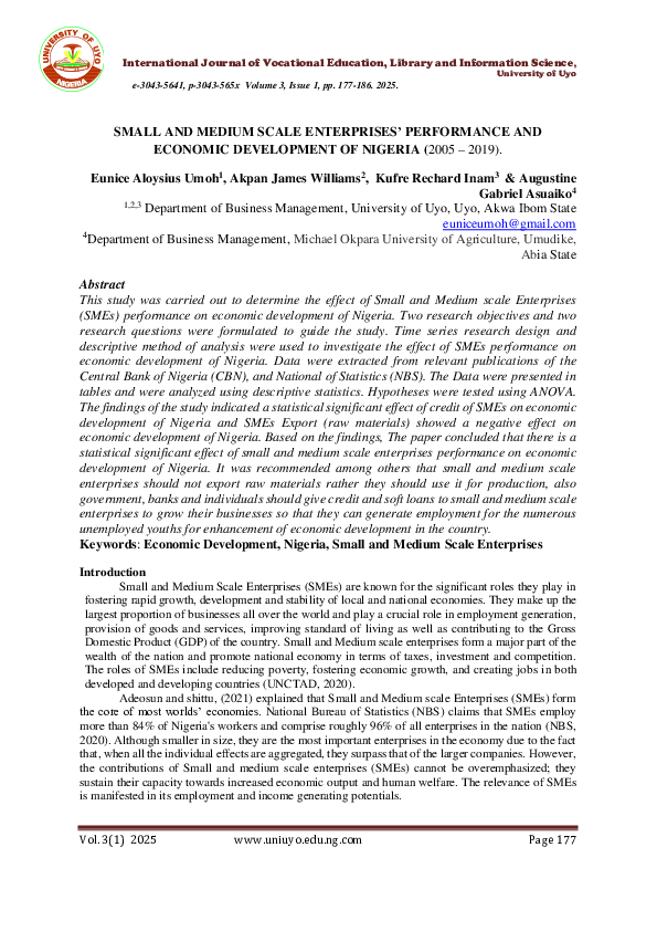(PDF) SMALL AND MEDIUM SCALE ENTERPRISES' PERFORMANCE AND ECONOMIC ...