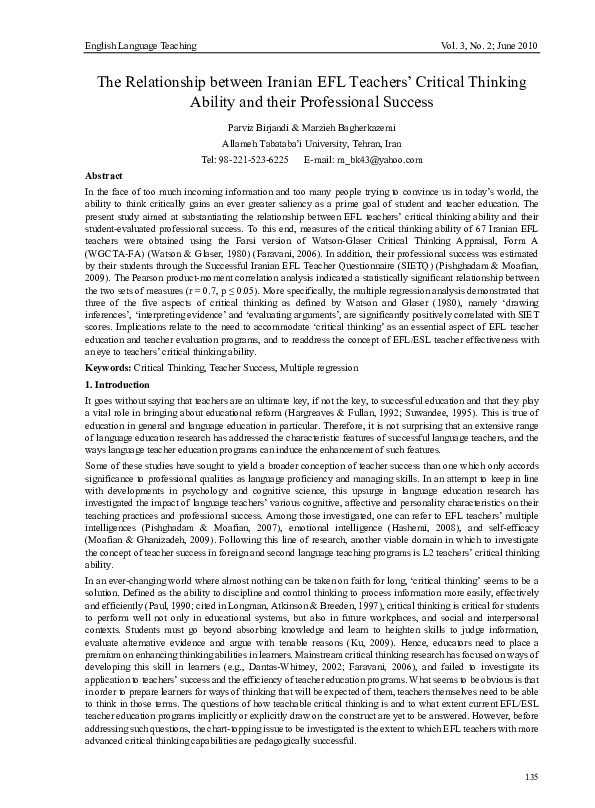 (PDF) The Relationship between Iranian EFL Teachers’ Critical Thinking ...