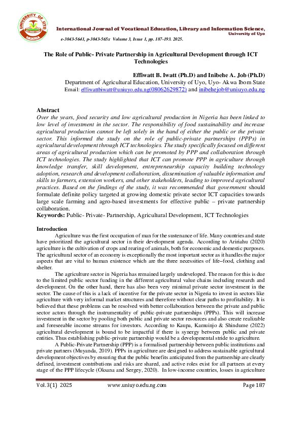 (PDF) The Role of Public-Private Partnership in Agricultural ...