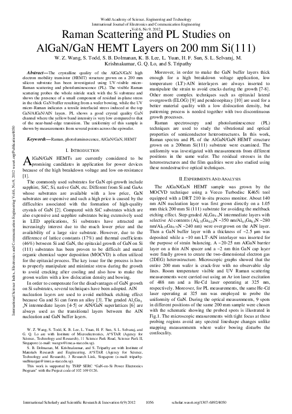 (PDF) Raman Scattering and PL Studies on AlGaN/GaN HEMT Layers on 200 ...