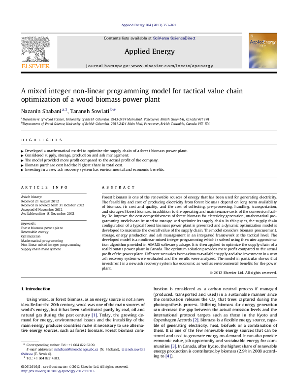 (PDF) A mixed integer non-linear programming model for tactical value ...