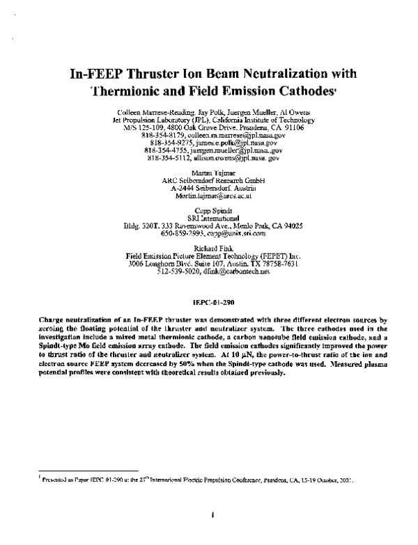 (PDF) In-FEEP Thruster Ion Beam Neutralization with Thermionic and ...