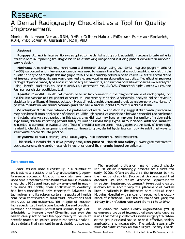 (PDF) A Dental Radiography Checklist as a Tool for Quality Improvement