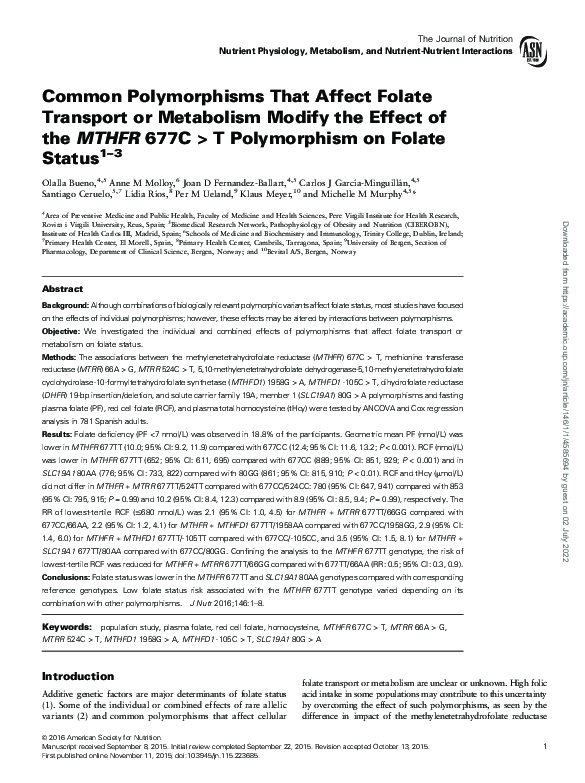 (PDF) Common Polymorphisms That Affect Folate Transport or Metabolism ...