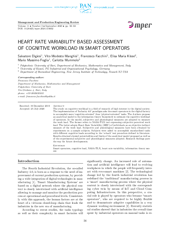 (PDF) Heart rate variability based assessment of cognitive workload in ...