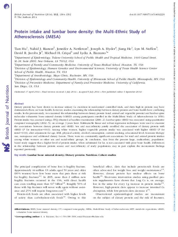 (PDF) Protein intake and lumbar bone density: the Multi-Ethnic Study of ...