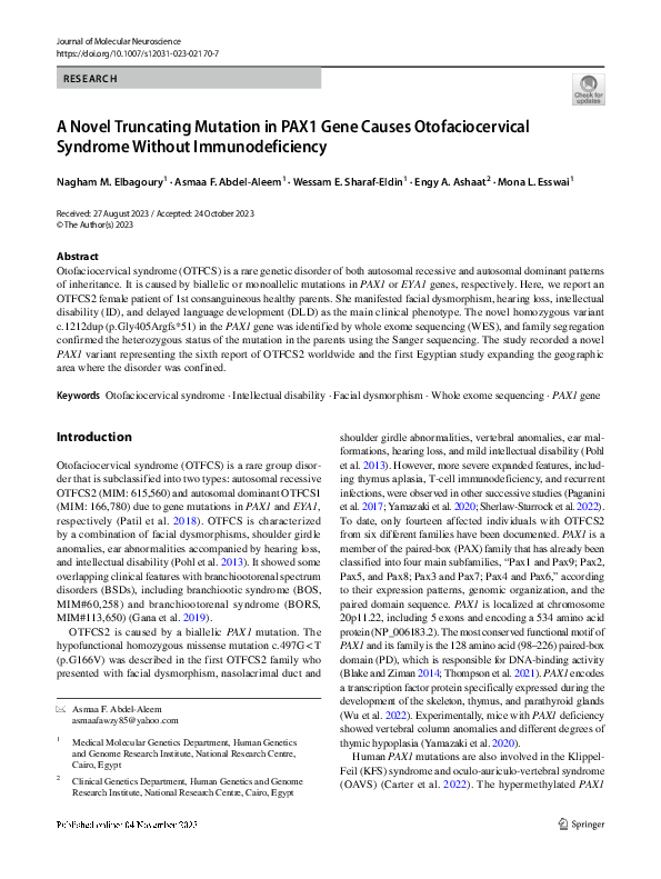 (PDF) A Novel Truncating Mutation in PAX1 Gene Causes Otofaciocervical ...