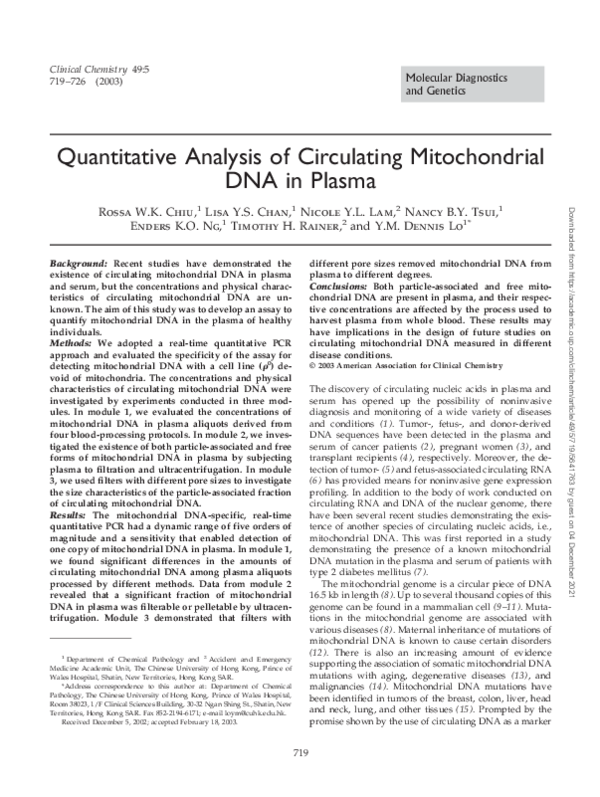 (PDF) Quantitative Analysis of Circulating Mitochondrial DNA in Plasma