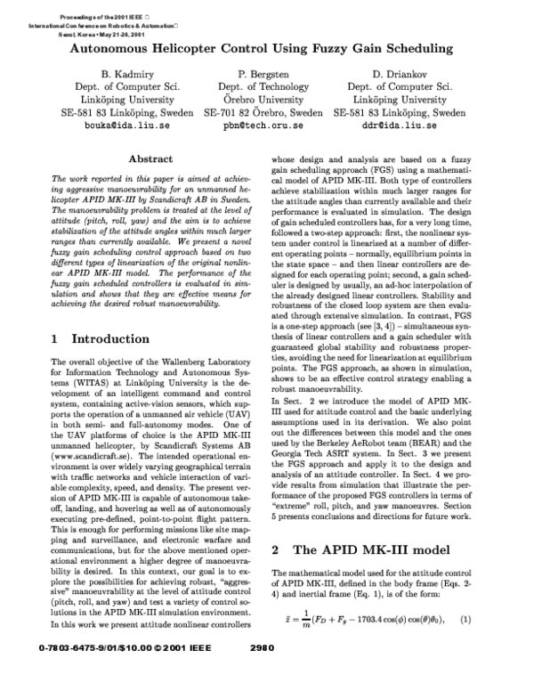 (PDF) Autonomous helicopter control using fuzzy gain scheduling