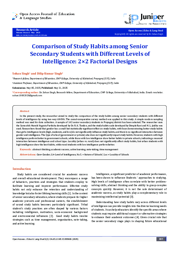 (PDF) Comparison of Study Habits among Senior Secondary Students with ...