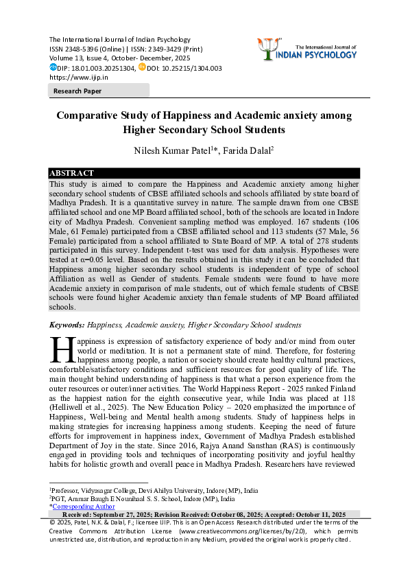 (PDF) Comparative Study of Happiness and Academic anxiety among Higher ...